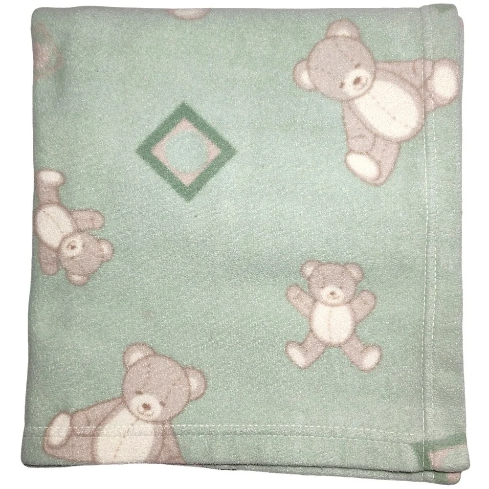 Beansprout htf Green‎ Teddy Bear Baby Blanket Thin Fleece Squares Brown Tan